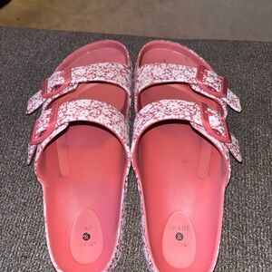 Shade & Shore Pink Floral Buckle Slides